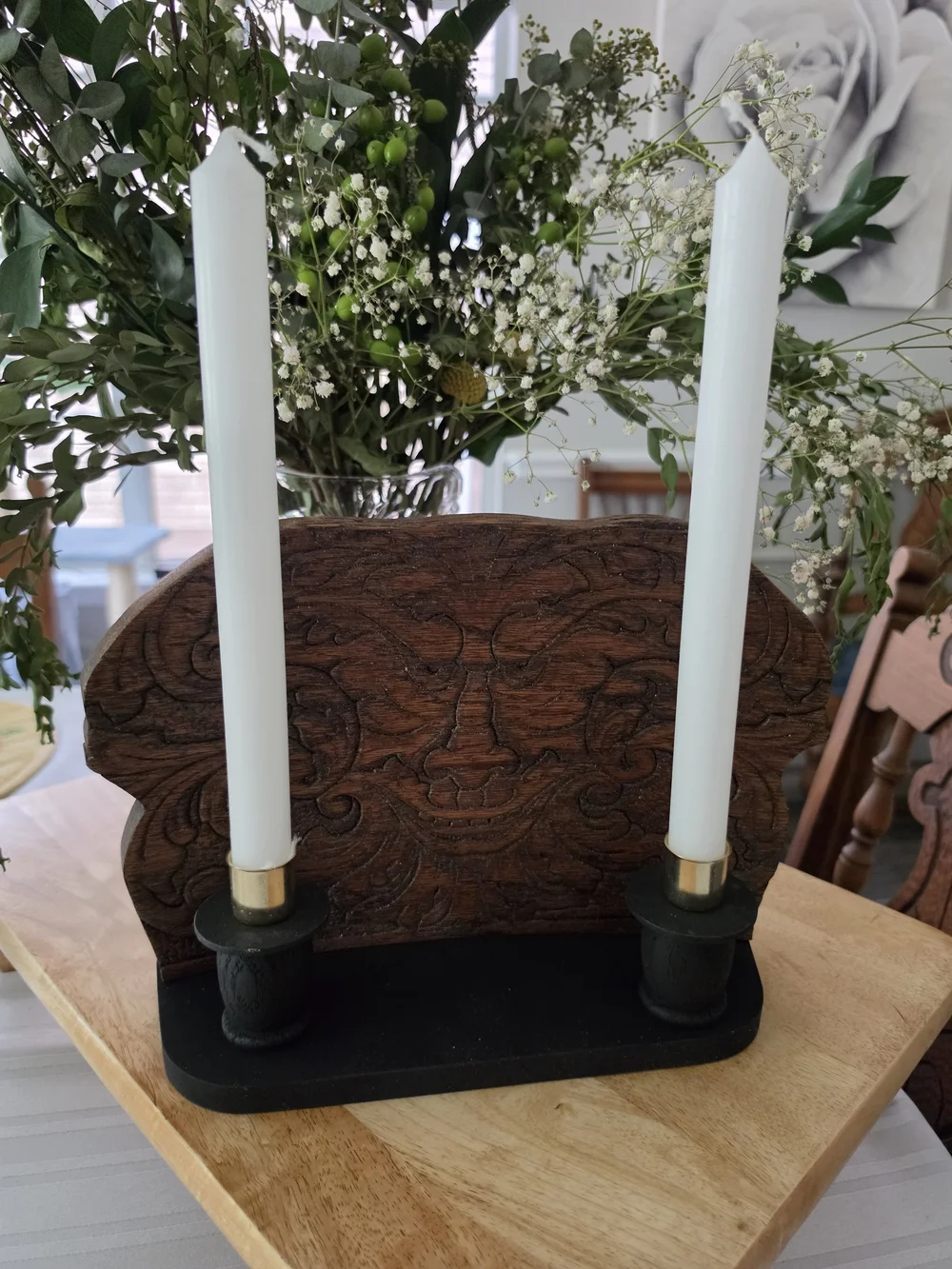 Double taper candle holder Hand-carved out of wood Folklore icon Green Man